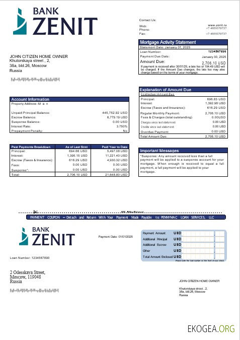Relevé hypothécaire de la banque Zenit de Russie aux formats Word et PDF